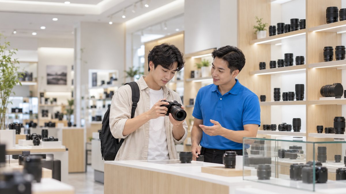 Khách nam trẻ người Việt cầm thử máy ảnh mirrorless gắn ống kính tại quầy, nam nhân viên áo polo xanh tư vấn, minh họa kinh nghiệm kinh doanh máy ảnh