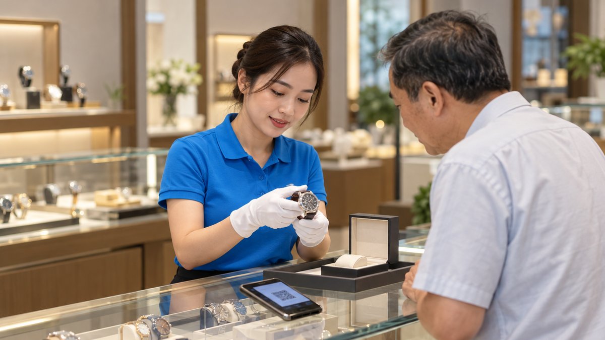 Kinh nghiệm mở cửa hàng đồng hồ: nhân viên nữ người Việt áo polo xanh đeo găng tay trắng đưa đồng hồ cho khách nam trung niên xem tại quầy kính