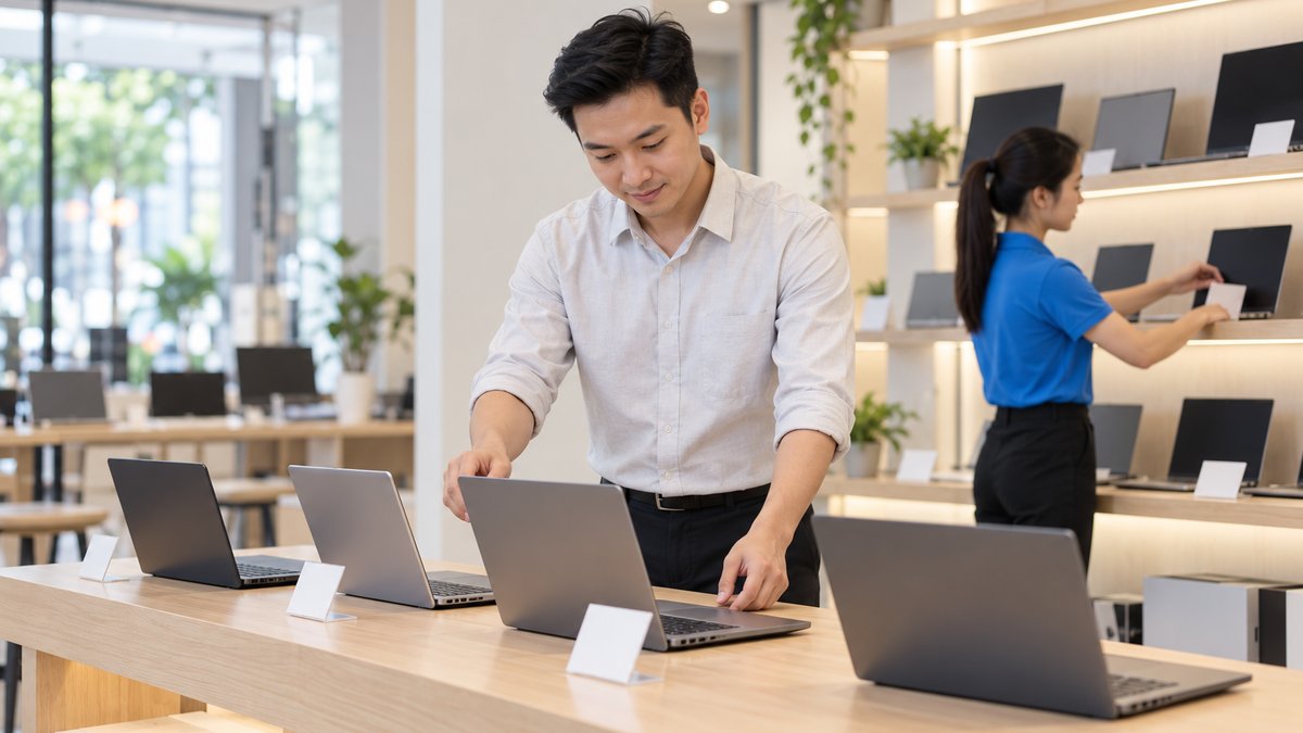 Chủ cửa hàng nam người Việt khoảng 32 tuổi sắp xếp laptop trên bàn trưng bày gỗ sáng trong cửa hàng laptop mới, nữ nhân viên áo polo xanh dán nhãn giá phía sau, minh họa kinh nghiệm mở cửa hàng laptop
