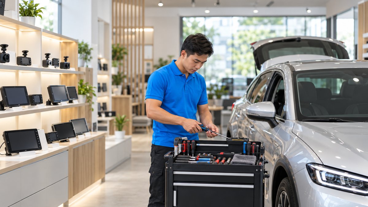 Kỹ thuật viên người Việt áo polo xanh chuẩn bị dụng cụ cạnh ô tô màu bạc trong khu lắp đặt, phía sau là kệ camera hành trình và màn hình ô tô, minh họa kinh nghiệm mở cửa hàng phụ kiện ô tô