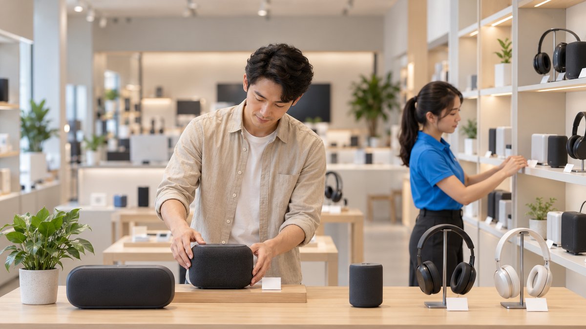Nam chủ cửa hàng người Việt khoảng 30 tuổi sắp xếp loa và tai nghe trên bàn trưng bày gỗ sáng, nữ nhân viên áo polo xanh dán nhãn trống lên kệ, minh họa kinh nghiệm mở cửa hàng thiết bị điện tử