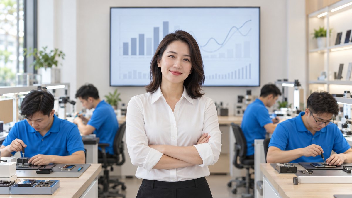 Nữ quản lý người Việt khoảng 35 tuổi đứng trước màn hình lớn hiển thị biểu đồ KPI trung tâm bảo hành, phía sau kỹ thuật viên áo polo xanh đang sửa máy tại quầy kỹ thuật