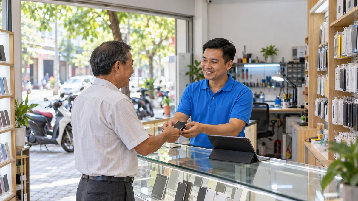 Nam chủ cửa hàng người Việt mặc áo polo xanh nhận máy bảo hành của một bác lớn tuổi tại quầy cửa hàng điện thoại ở thị trấn huyện