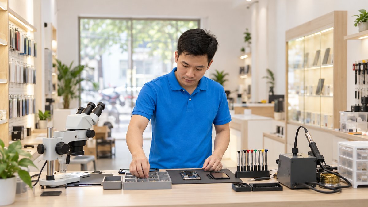 Kỹ thuật viên sắp xếp quầy kỹ thuật với kính hiển vi và máy hàn trước ngày khai trương, minh họa mở cửa hàng sửa chữa điện thoại