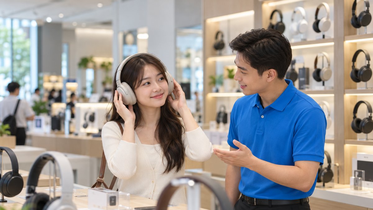 Nữ khách hàng trẻ người Việt đeo thử tai nghe chụp tai tại quầy nghe thử, nam nhân viên áo polo xanh tư vấn, kệ tai nghe phía sau, minh họa mở cửa hàng tai nghe