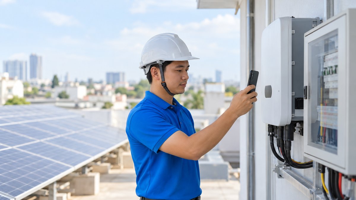 Kỹ thuật viên áo polo xanh quét mã trên inverter treo tường cạnh dàn tấm pin trên mái nhà phố, hình ảnh khi mở đại lý điện năng lượng mặt trời