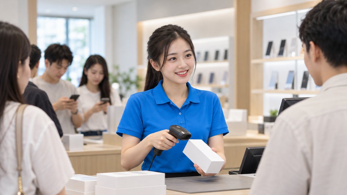Nhân viên người Việt mặc áo polo xanh quét mã trên hộp điện thoại và trao đổi với khách tại quầy cửa hàng điện thoại đông khách, minh họa năng suất nhân viên bán hàng giờ cao điểm