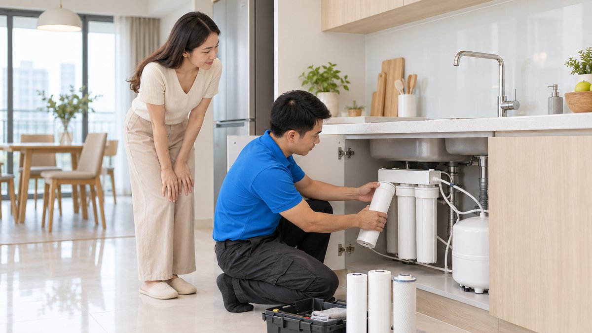 Nam kỹ thuật viên người Việt mặc áo polo xanh thay lõi máy lọc nước đặt dưới bồn rửa trong bếp gia đình, nữ chủ nhà đứng cạnh quan sát, sau khi đại lý nhắc khách thay lõi lọc nước