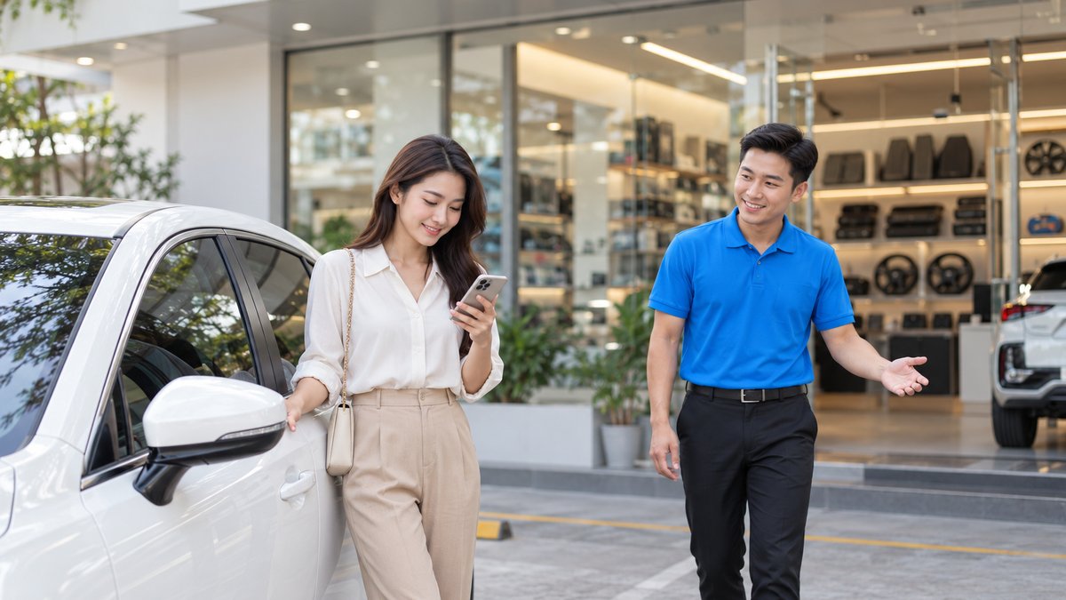 Nữ chủ xe người Việt đứng cạnh ô tô trong bãi đỗ trước cửa hàng phụ kiện ô tô, cầm điện thoại xem tin nhắc lịch bảo dưỡng xe, nam nhân viên áo polo xanh bước ra đón