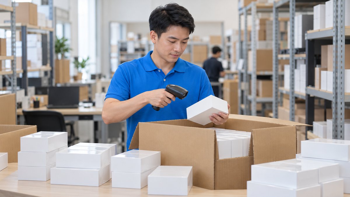 Nhân viên người Việt mặc áo polo xanh dùng máy quét mã vạch cầm tay quét hộp điện thoại vừa mở thùng hàng tại kho, minh họa nhập kho bằng mã vạch