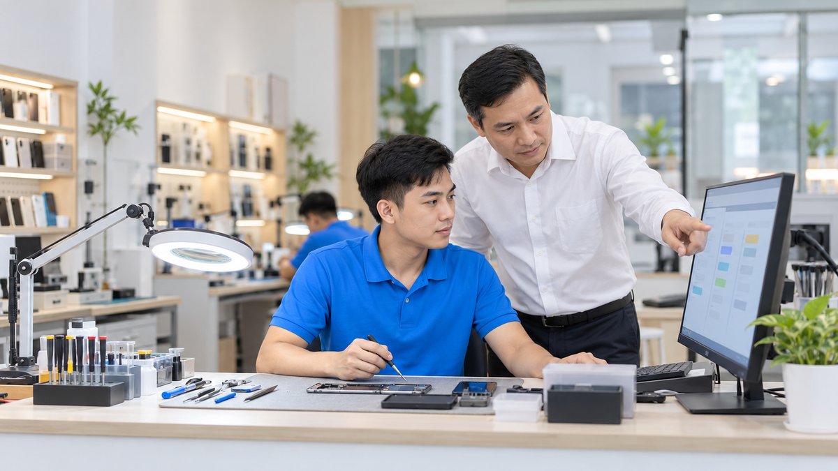 Quản lý cửa hàng điện thoại chỉ vào danh sách phiếu trên màn hình máy tính để phân công kỹ thuật viên sửa chữa, cạnh kỹ thuật viên người Việt áo polo xanh ngồi bàn sửa có đèn kính lúp