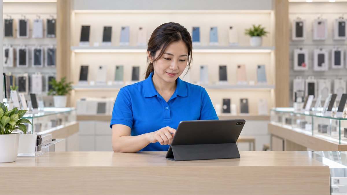 Chủ cửa hàng nữ người Việt mặc áo polo xanh xem danh sách khách trên máy tính bảng tại quầy để phân loại khách hàng thành từng nhóm
