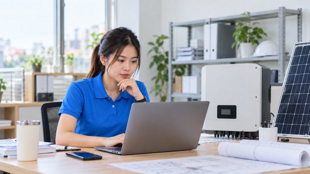 Nữ điều phối viên người Việt mặc áo polo xanh xem danh sách công trình trên phần mềm quản lý bảo hành điện mặt trời