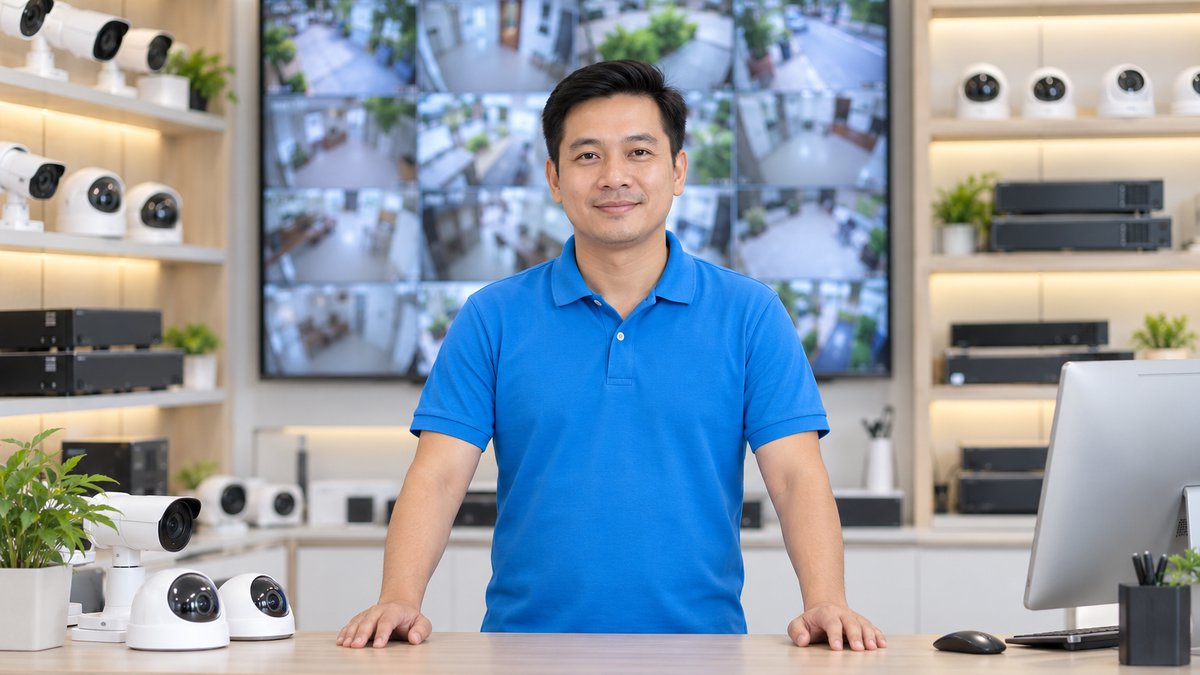 Chủ cửa hàng camera an ninh người Việt khoảng 35 tuổi đứng tại quầy, phía sau là màn hình lưới nhiều khung hình camera và kệ trưng bày đầu ghi, mắt camera, minh họa phần mềm quản lý cửa hàng camera