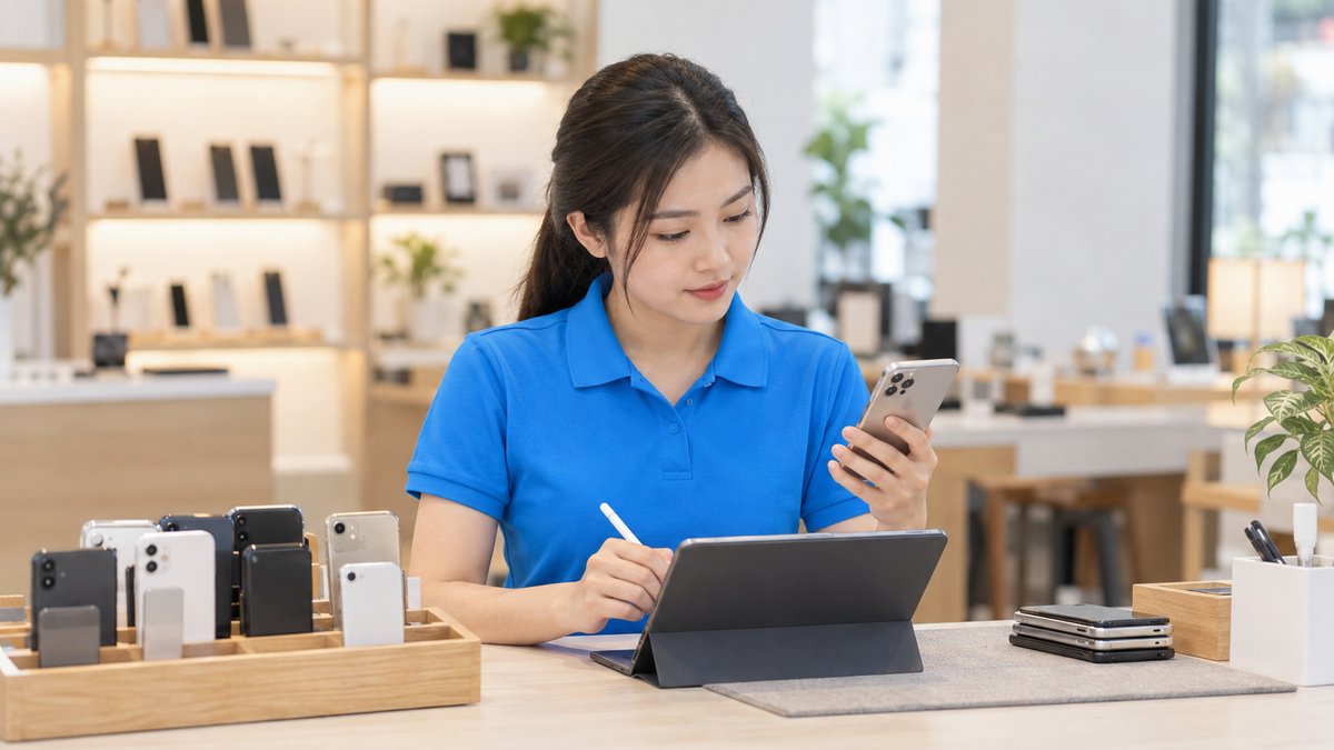 Nhân viên ghi tình trạng và dung lượng pin của điện thoại cũ tại quầy thu mua, minh họa phần mềm quản lý cửa hàng điện thoại cũ