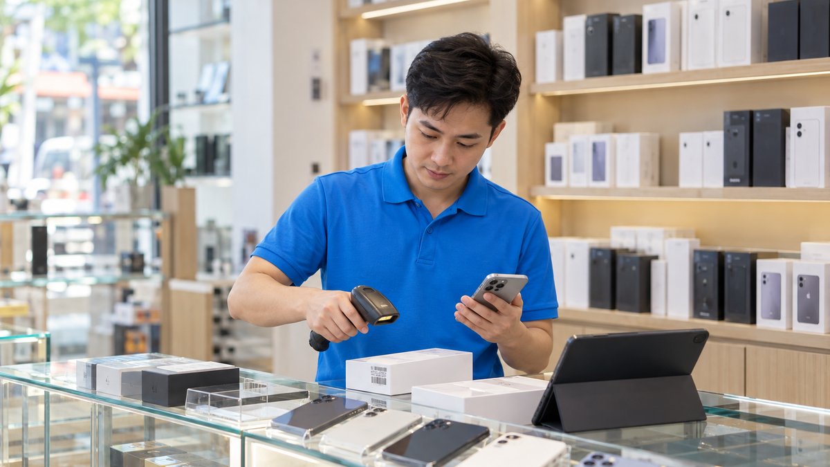 Chủ cửa hàng điện thoại xách tay người Việt mặc áo polo xanh quét mã IMEI một chiếc điện thoại trước khi nhập kho