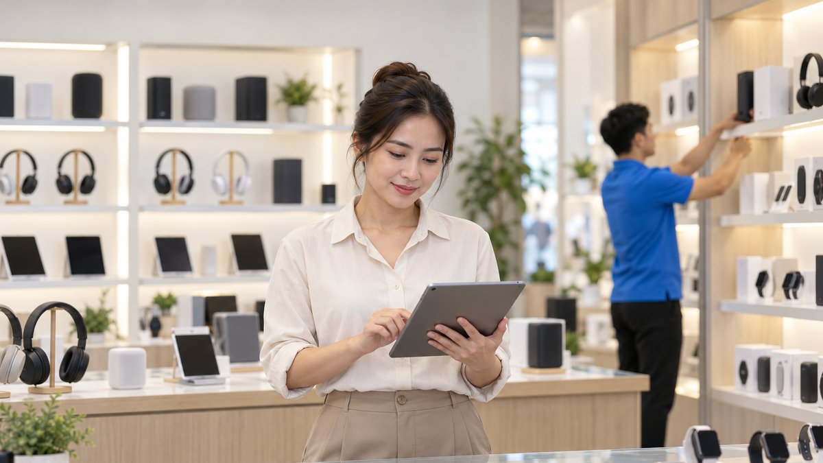 Nữ chủ cửa hàng thiết bị điện tử người Việt khoảng 32 tuổi đứng tại quầy dùng máy tính bảng mở phần mềm quản lý cửa hàng điện tử; phía sau là kệ loa, tai nghe, máy tính bảng, đồng hồ thông minh và nam nhân viên áo polo xanh đang xếp hàng