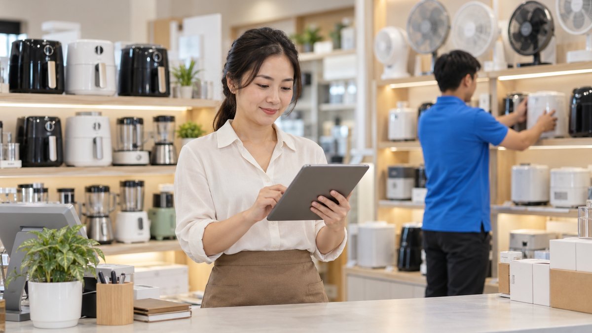Nữ chủ cửa hàng đồ gia dụng người Việt khoảng 35 tuổi dùng phần mềm quản lý cửa hàng đồ gia dụng trên máy tính bảng tại quầy, phía sau là kệ nồi chiên, máy xay, quạt và nam nhân viên áo polo xanh xếp hàng lên kệ