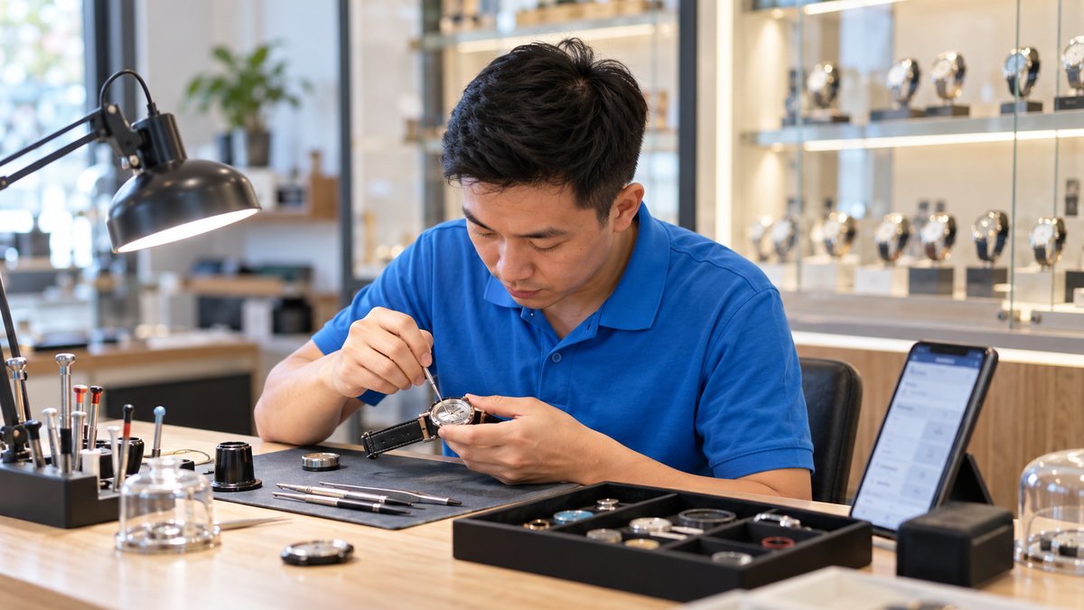 Kỹ thuật viên người Việt mặc áo polo xanh thay pin đồng hồ tại quầy, phiếu sửa chữa trên phần mềm quản lý cửa hàng đồng hồ