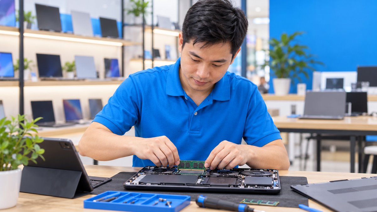 Kỹ thuật viên kiểm tra laptop tại quầy, minh họa phần mềm quản lý cửa hàng laptop theo serial