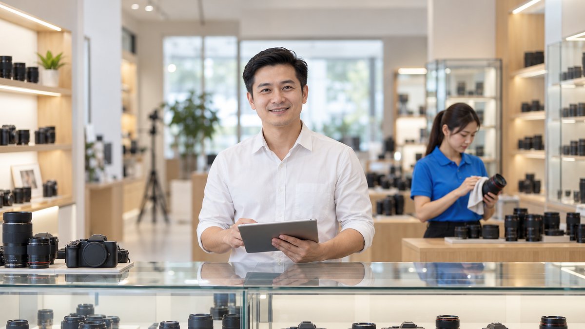 Nam chủ cửa hàng máy ảnh người Việt khoảng 35 tuổi đứng sau quầy kính trưng bày thân máy và ống kính, tay cầm máy tính bảng mở phần mềm quản lý cửa hàng máy ảnh; phía sau nữ nhân viên áo polo xanh lau ống kính