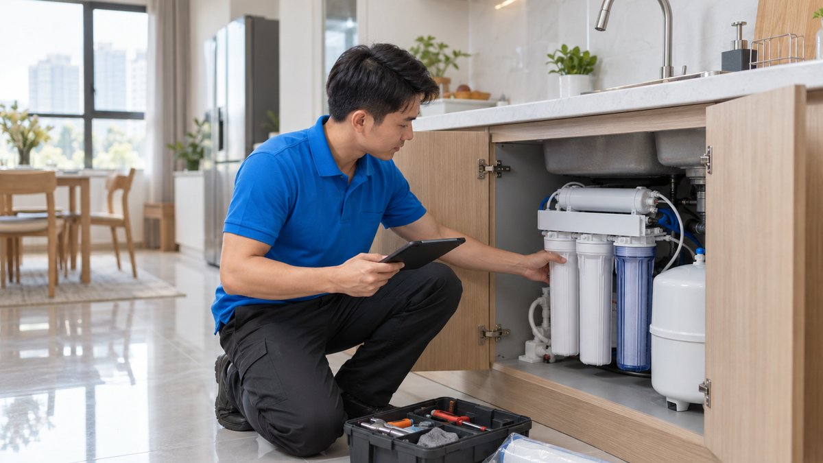 Kỹ thuật viên người Việt áo polo xanh thay lõi lọc dưới bồn rửa bếp, ghi phiếu trên phần mềm quản lý cửa hàng máy lọc nước