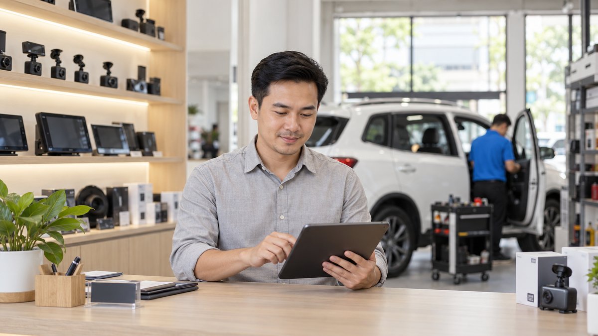 Nam chủ cửa hàng phụ kiện ô tô người Việt khoảng 35 tuổi đứng tại quầy dùng máy tính bảng, phía sau là xưởng lắp có chiếc ô tô màu trắng mở cửa và kệ trưng bày camera hành trình, màn hình ô tô, minh họa phần mềm quản lý cửa hàng phụ kiện ô tô