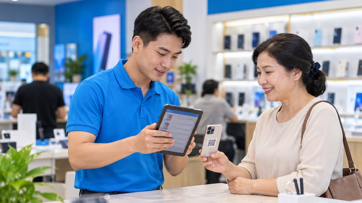 Nhân viên tra hồ sơ khách trên phần mềm quản lý khách hàng cửa hàng điện thoại tại quầy
