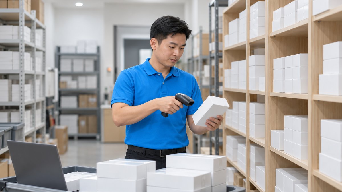 Nhân viên người Việt mặc áo polo xanh dùng máy quét cầm tay quét mã vạch serial trên hộp điện thoại xếp chồng trong kho, minh họa phần mềm quản lý số serial