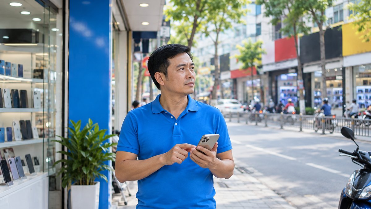 Chủ cửa hàng quan sát cửa hàng điện thoại đối diện để phân tích đối thủ cạnh tranh