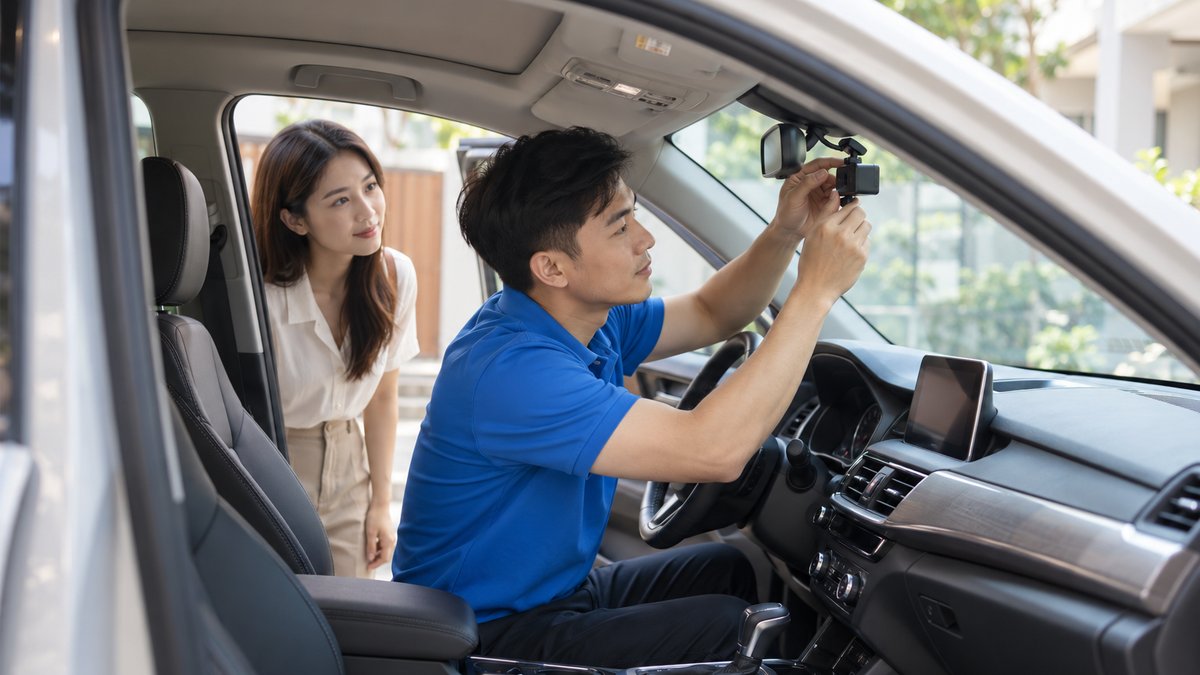 Nam kỹ thuật viên người Việt áo polo xanh ngồi ghế lái lắp camera hành trình nhỏ sau gương chiếu hậu ô tô, chủ xe nữ đứng ngoài cửa xe quan sát, minh họa quản lý bảo hành camera hành trình từ ngày lắp