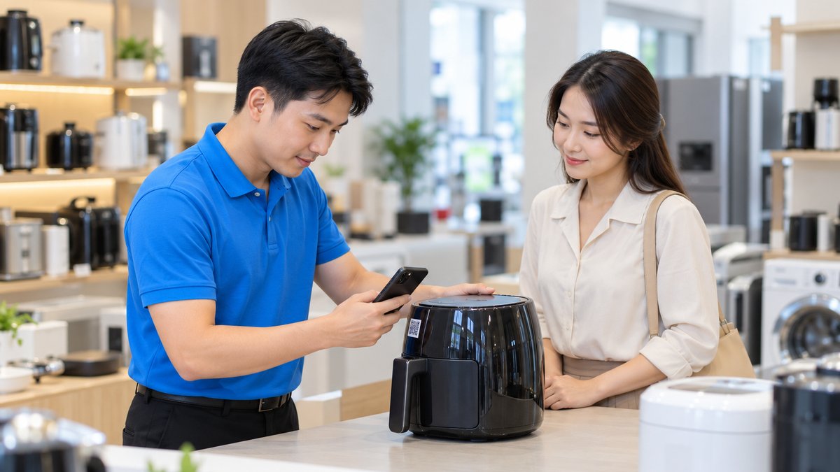 Nam nhân viên người Việt áo polo xanh quét mã QR dán trên thân nồi chiên không dầu tại quầy để quản lý bảo hành đồ gia dụng, khách nữ đứng chờ