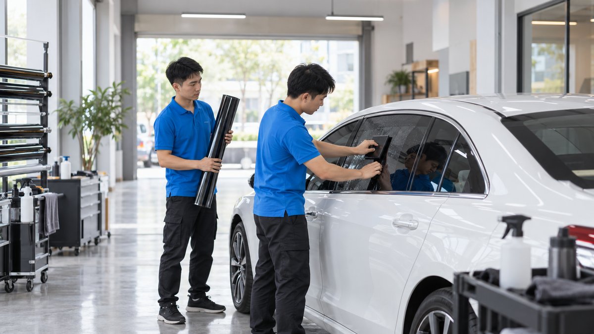 Hai kỹ thuật viên người Việt áo polo xanh dán phim cách nhiệt lên kính sườn ô tô màu trắng trong xưởng sáng, một người dùng gạt nước, người kia cầm cuộn phim, minh họa quản lý bảo hành phim cách nhiệt tại đại lý