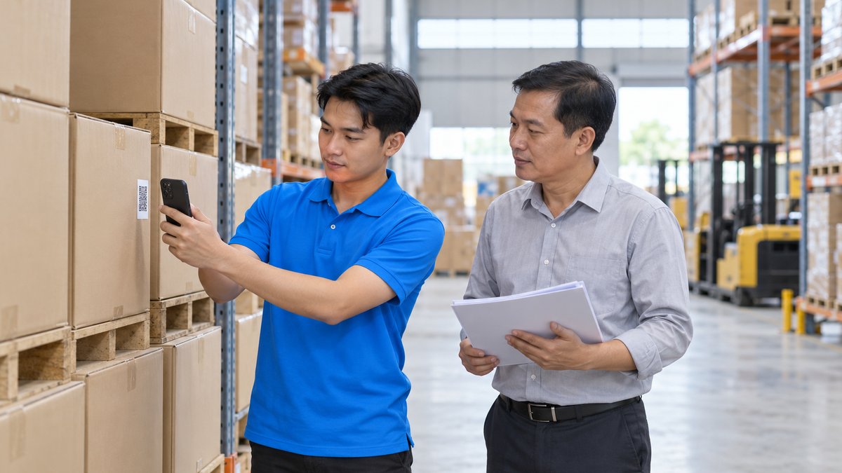 Nhân viên người Việt mặc áo polo xanh quét mã trên thùng máy bơm nước xếp trên kệ trong kho nhà phân phối để quản lý bảo hành qua đại lý, chủ đại lý cầm hóa đơn đứng cạnh