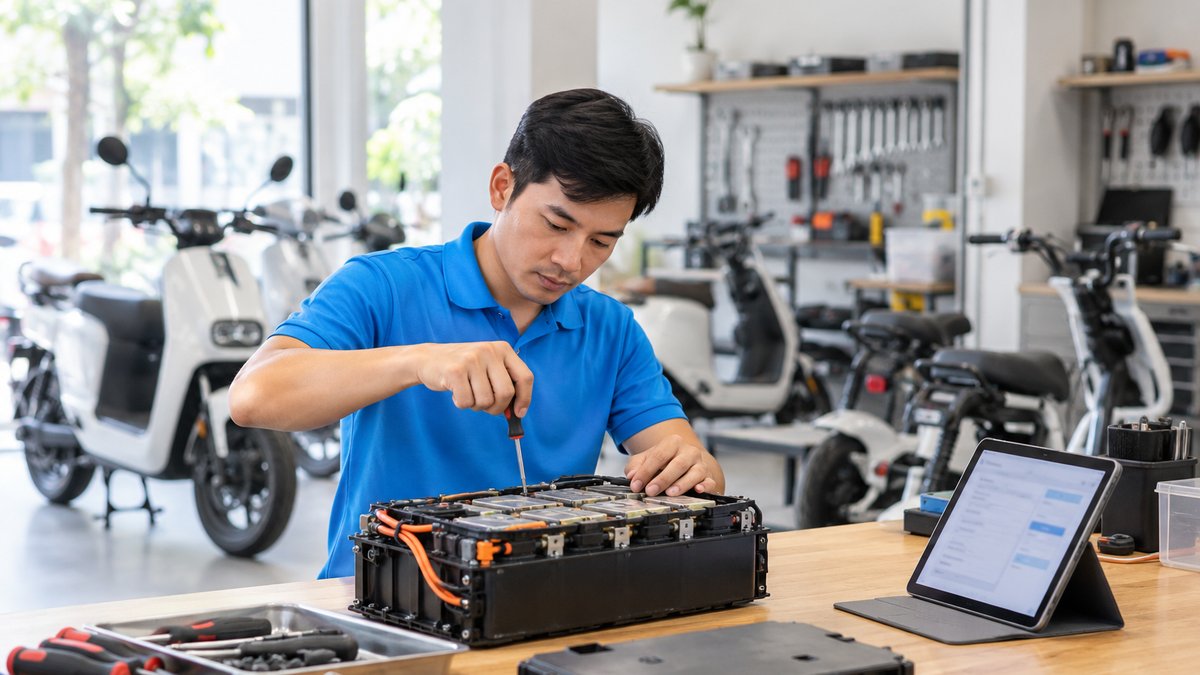 Kỹ thuật viên người Việt áo polo xanh kiểm tra khối pin xe điện tại quầy, minh họa quản lý bảo hành xe đạp điện