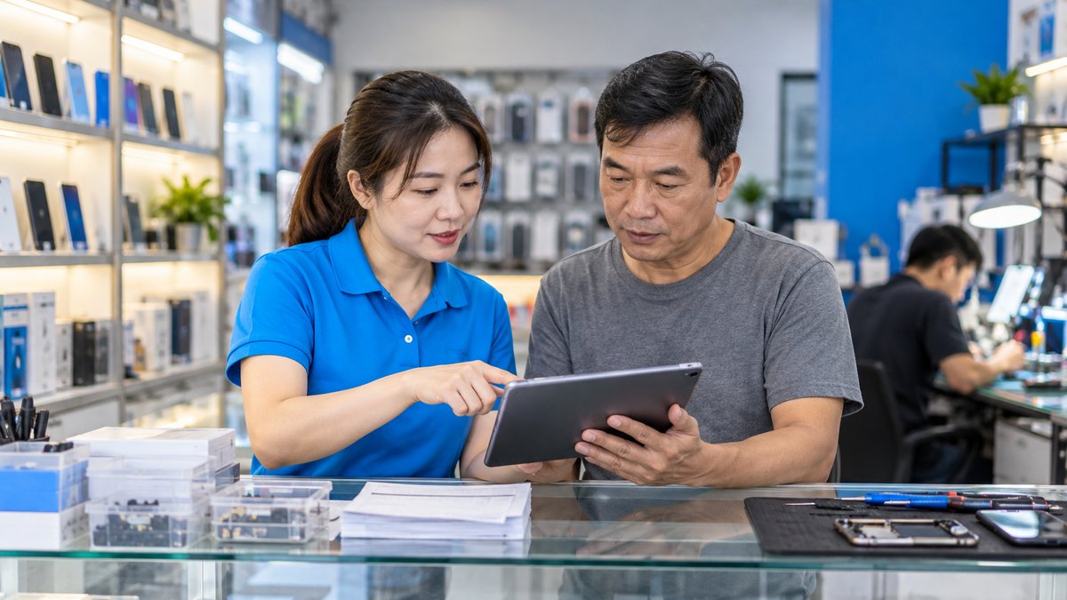 Chủ cửa hàng đối chiếu sổ phải thu phải trả, minh họa quản lý công nợ cửa hàng điện thoại