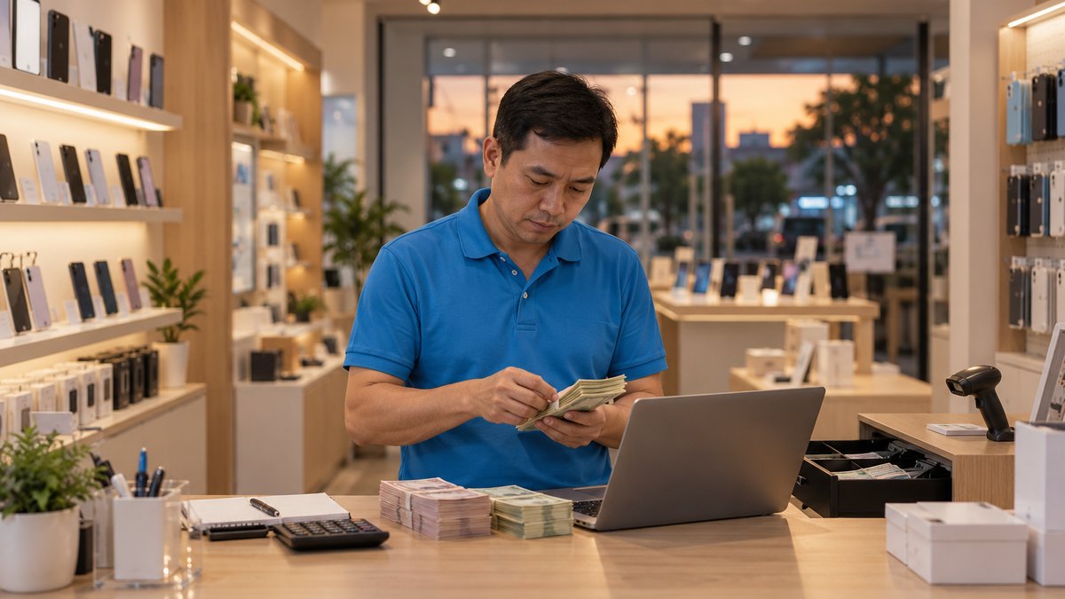 Chủ cửa hàng điện thoại người Việt mặc áo polo xanh đối chiếu tiền mặt với số liệu trên laptop tại quầy để quản lý dòng tiền cuối ngày, ngăn kéo tiền đang mở