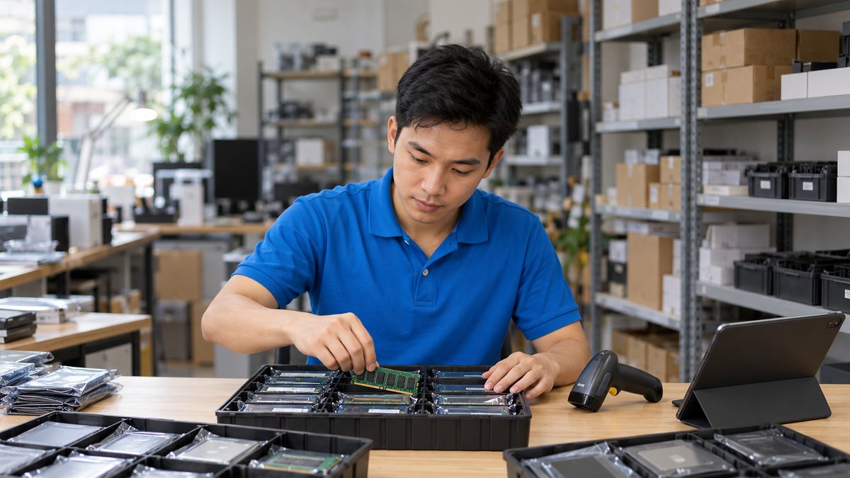 Kỹ thuật viên người Việt áo polo xanh xếp RAM và ổ SSD vào khay kho có nhãn mã, minh họa quản lý kho linh kiện máy tính