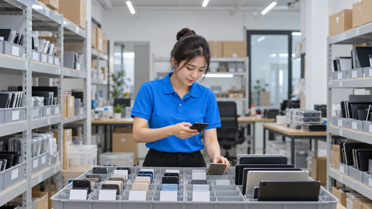 Nữ nhân viên người Việt mặc áo polo xanh dùng điện thoại quét mã trên khay đựng điện thoại và máy tính bảng đã qua sử dụng xếp theo ngăn có nhãn trống, quản lý kho máy cũ tại cửa hàng