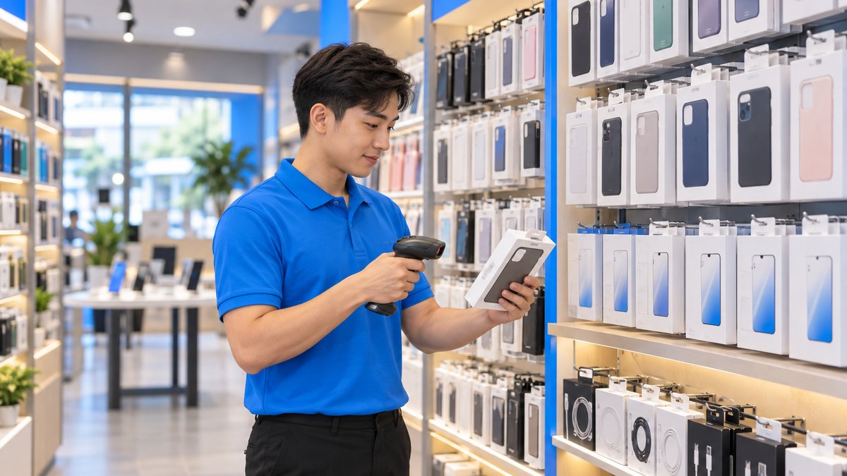 Nhân viên quét mã hộp ốp lưng trên kệ phụ kiện, minh họa quản lý kho phụ kiện điện thoại