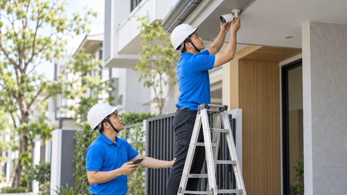 Hai kỹ thuật viên người Việt áo polo xanh lắp mắt camera dưới hiên nhà phố, một người đứng trên thang chữ A, một người giữ thang và cầm điện thoại, minh họa quản lý kỹ thuật viên lắp đặt camera