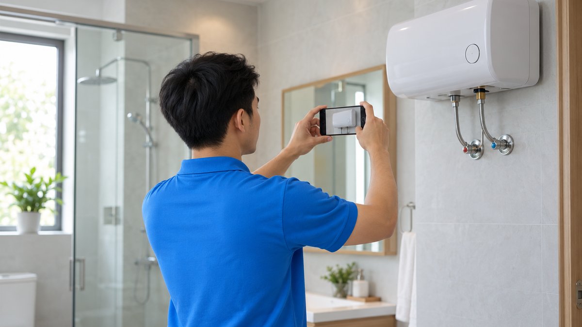 Kỹ thuật viên người Việt mặc áo polo xanh chụp ảnh nghiệm thu bình nóng lạnh vừa lắp trên tường phòng tắm, một bước trong quản lý lắp đặt tại nhà