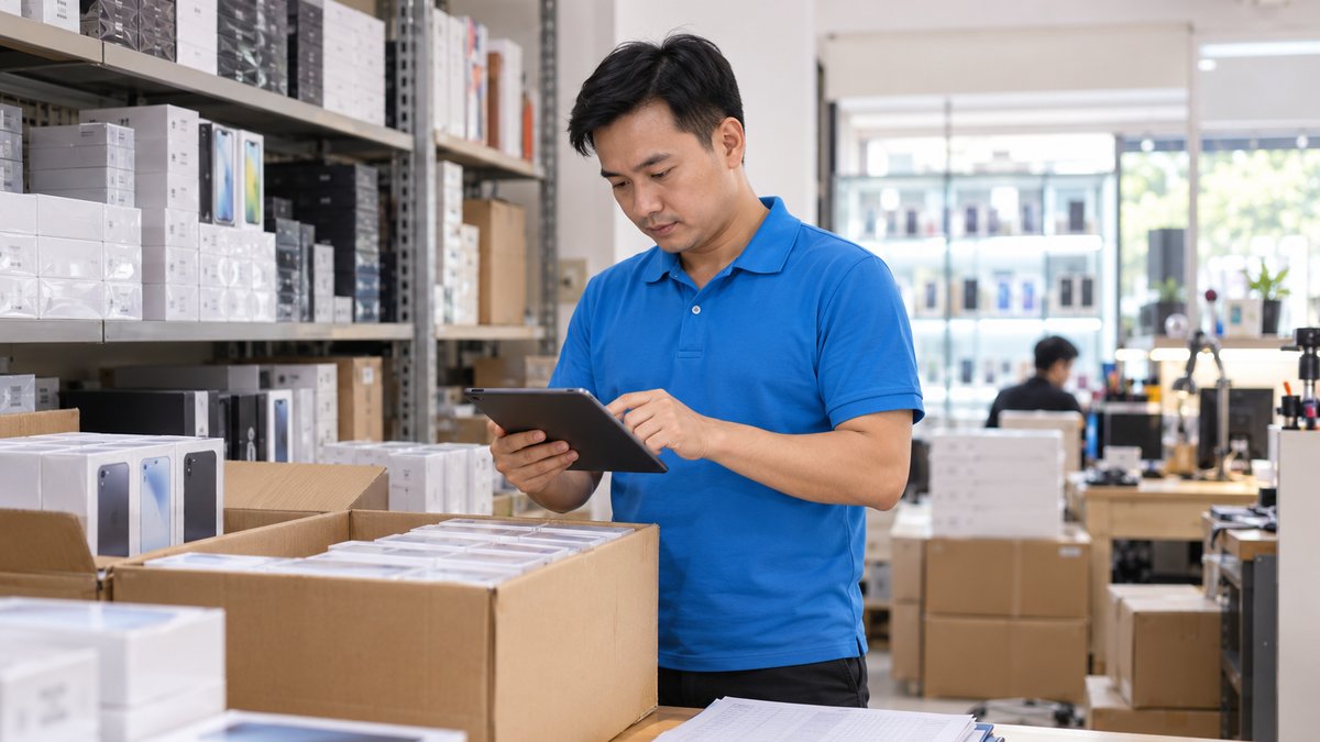 Chủ cửa hàng điện thoại người Việt mặc áo polo xanh đối chiếu danh sách nhà cung cấp trên máy tính bảng cạnh các thùng máy mới nhập