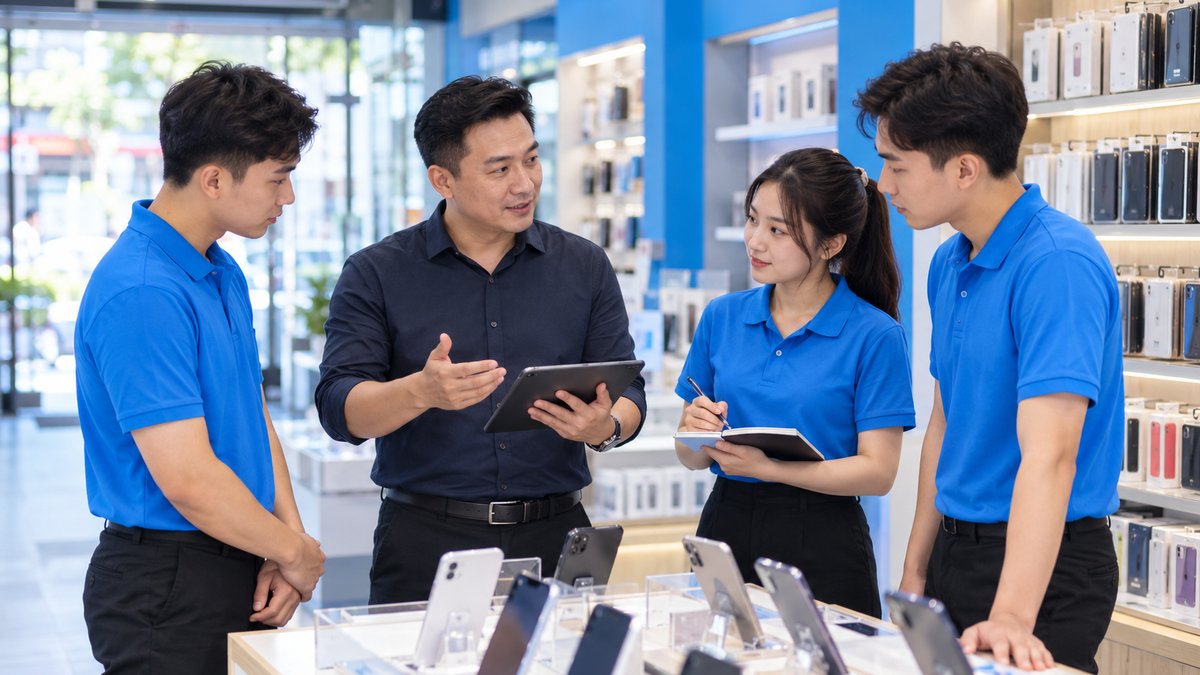 Chủ cửa hàng phân công việc cho nhân viên đầu ca, minh họa quản lý nhân viên cửa hàng điện thoại