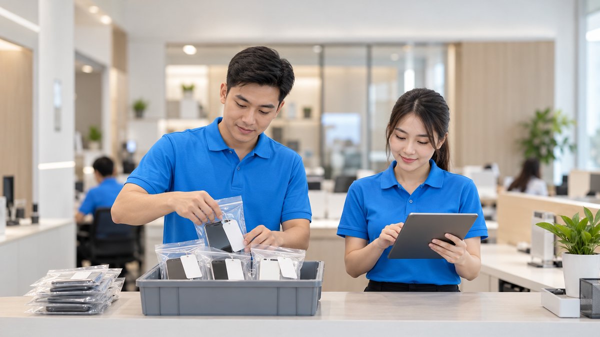 Nam nhân viên người Việt áo polo xanh đặt các túi zip đựng điện thoại vào thùng luân chuyển khi quản lý nhiều điểm tiếp nhận bảo hành, nữ đồng nghiệp áo polo xanh kiểm danh sách trên máy tính bảng