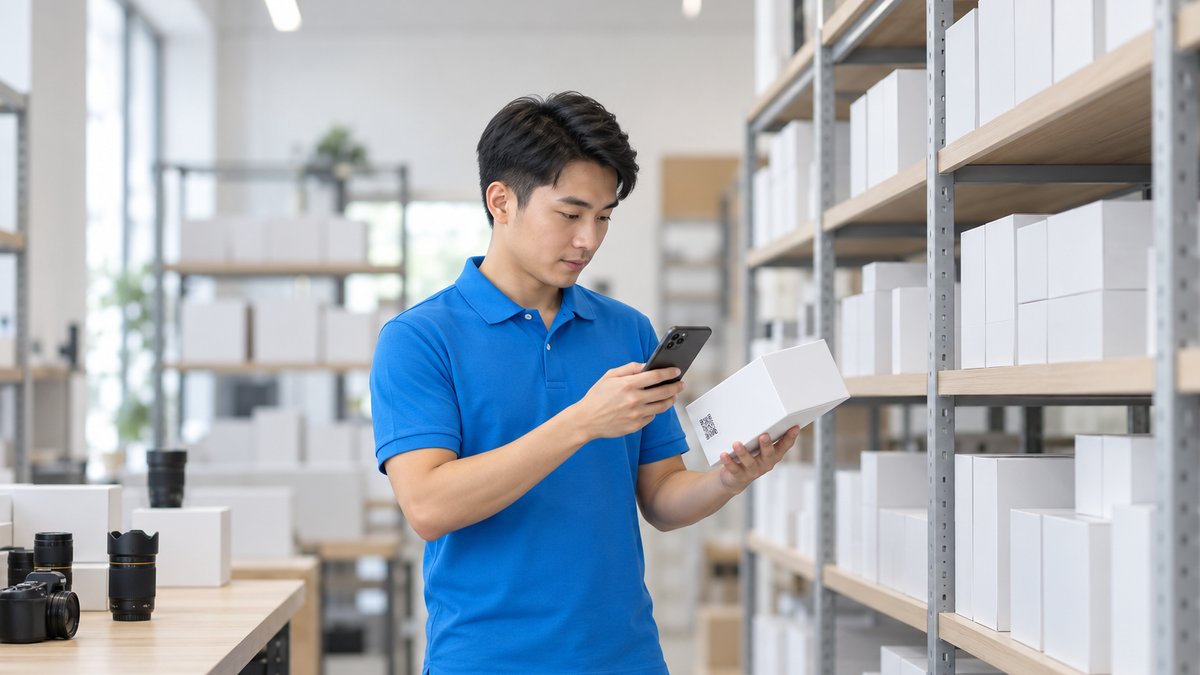 Nam nhân viên người Việt mặc áo polo xanh dùng điện thoại quét mã trên hộp ống kính tại kệ kho cửa hàng máy ảnh để quản lý ống kính theo serial, các hộp ống kính xếp gọn trên kệ