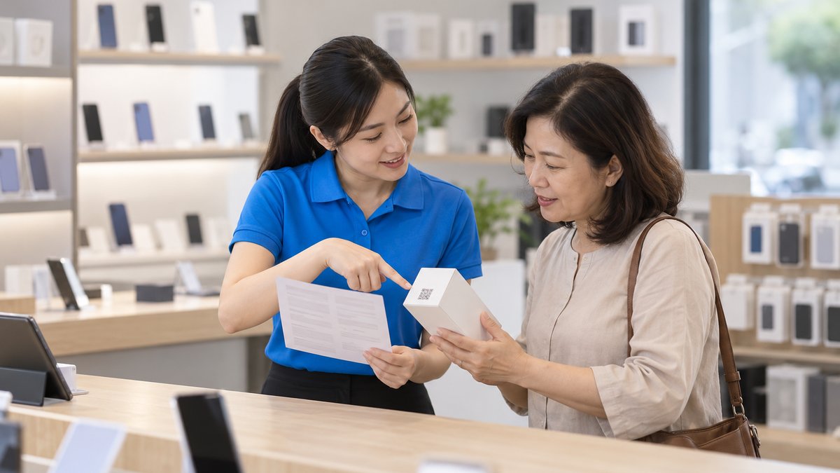 Nhân viên người Việt mặc áo polo xanh đưa tờ chính sách bảo hành và chỉ mã QR trên hộp máy cho khách nữ trung niên tại quầy, mở đầu quy trình hậu mãi của cửa hàng điện thoại