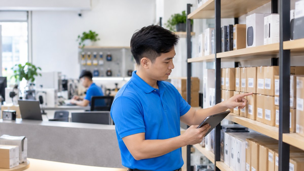 Nhân viên trung tâm bảo hành người Việt mặc áo polo xanh đối chiếu tem serial theo quy trình thu hồi sản phẩm lỗi