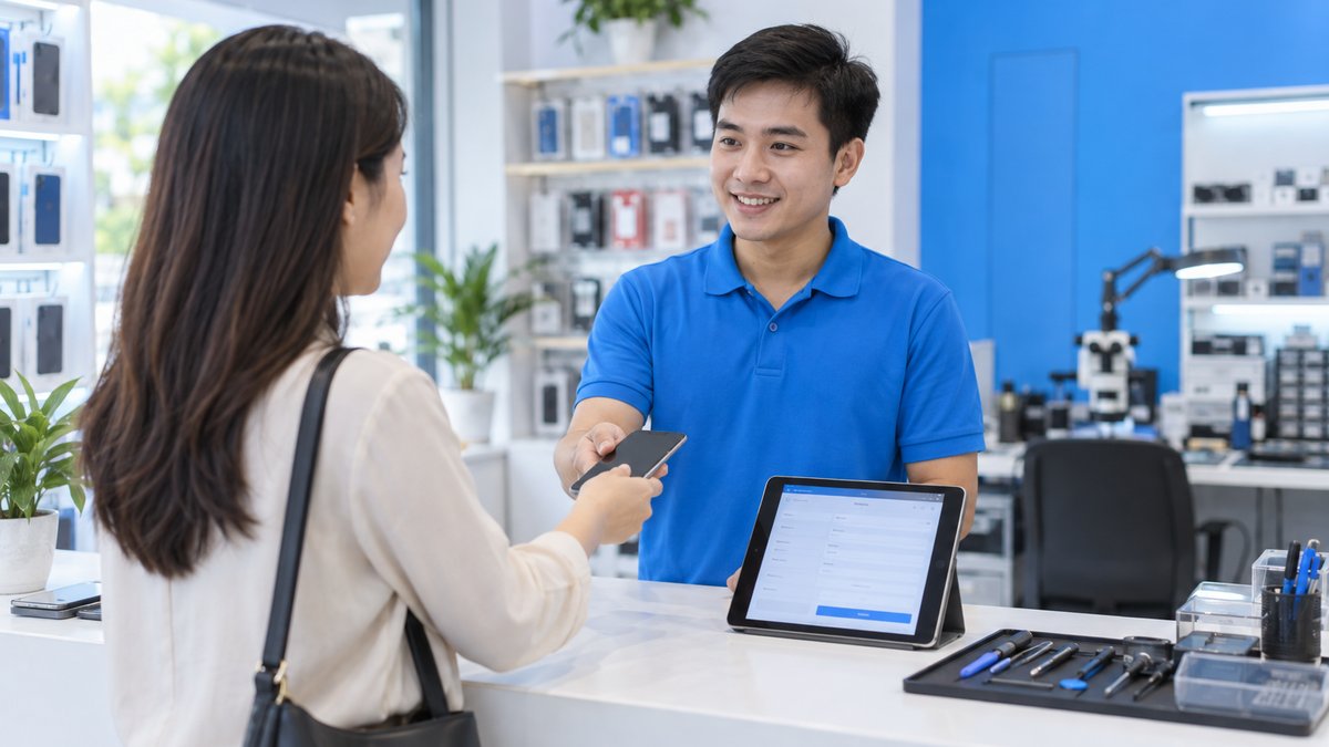 Kỹ thuật viên cửa hàng điện thoại nhận máy từ tay khách tại quầy, bên cạnh máy tính bảng mở phiếu tiếp nhận, minh họa quy trình tiếp nhận máy sửa chữa