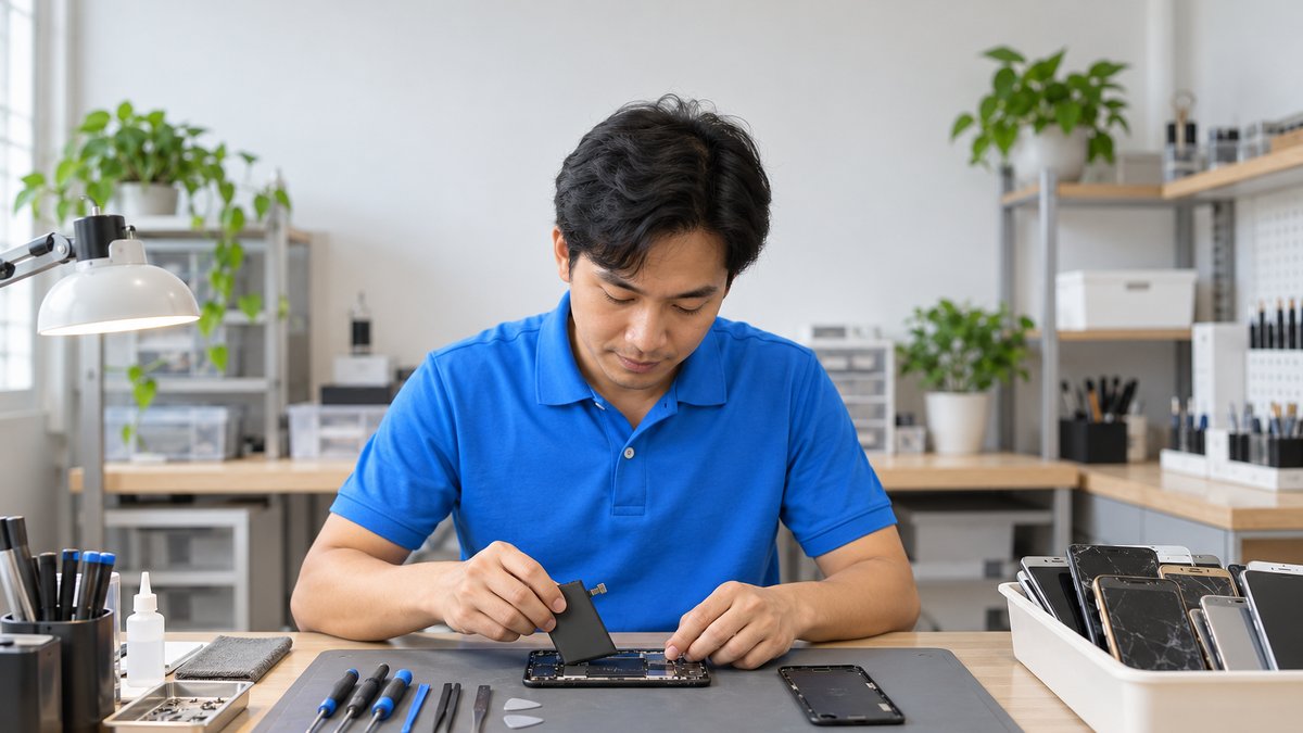 Kỹ thuật viên người Việt mặc áo polo xanh thay pin khi tân trang máy cũ trên thảm kỹ thuật, bên cạnh khay điện thoại cũ chờ tân trang